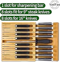 Vista 3 de VaeFae In-Drawer Knife Block,Bamboo Knife Drawer Organizer Insert, Kitchen Knife Drawer Storage for 16 Knives PLUS a Slot for your Knife Sharpener