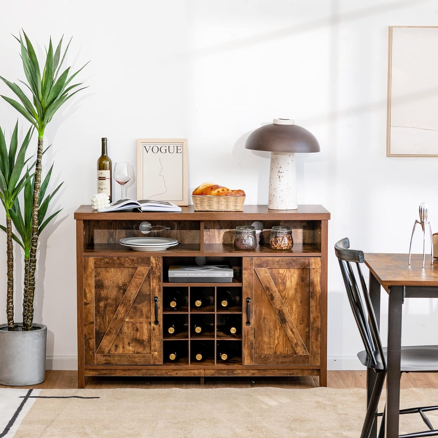 Giantex Buffet Sideboard, Farmhouse Kitchen Storage Cabinet, 9-Bottle Wine Rack & 2 Door Cabinets, Wood Pantry Cupboard, Credenza Organizer for Living Room (Industrial)