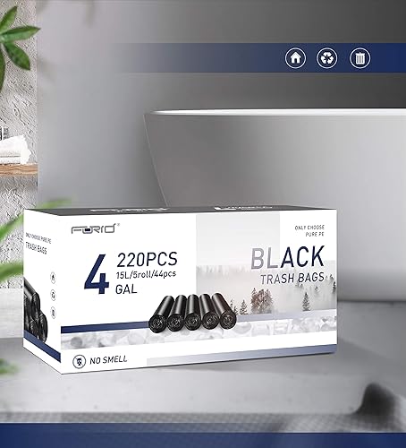 Miniatura 6 de FORID Pequeñas bolsas de basura negras  Bolsas de basura de 4 galones, 220 unidades, forros de plástico fuerte de 15 litros para cocina, baño,