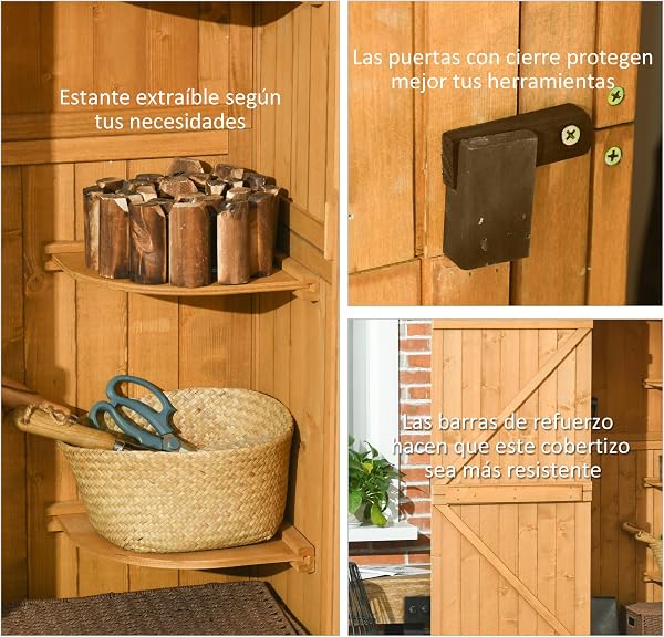 Outsunny Armario de Jardín de Madera 77x54,2x179 cm 0,3 m² Cobertizo para Almacenaje de Herramientas con 3 Estantes y 2 Puertas con Cerrojo para Patio Terraza Natural y Verde - 5