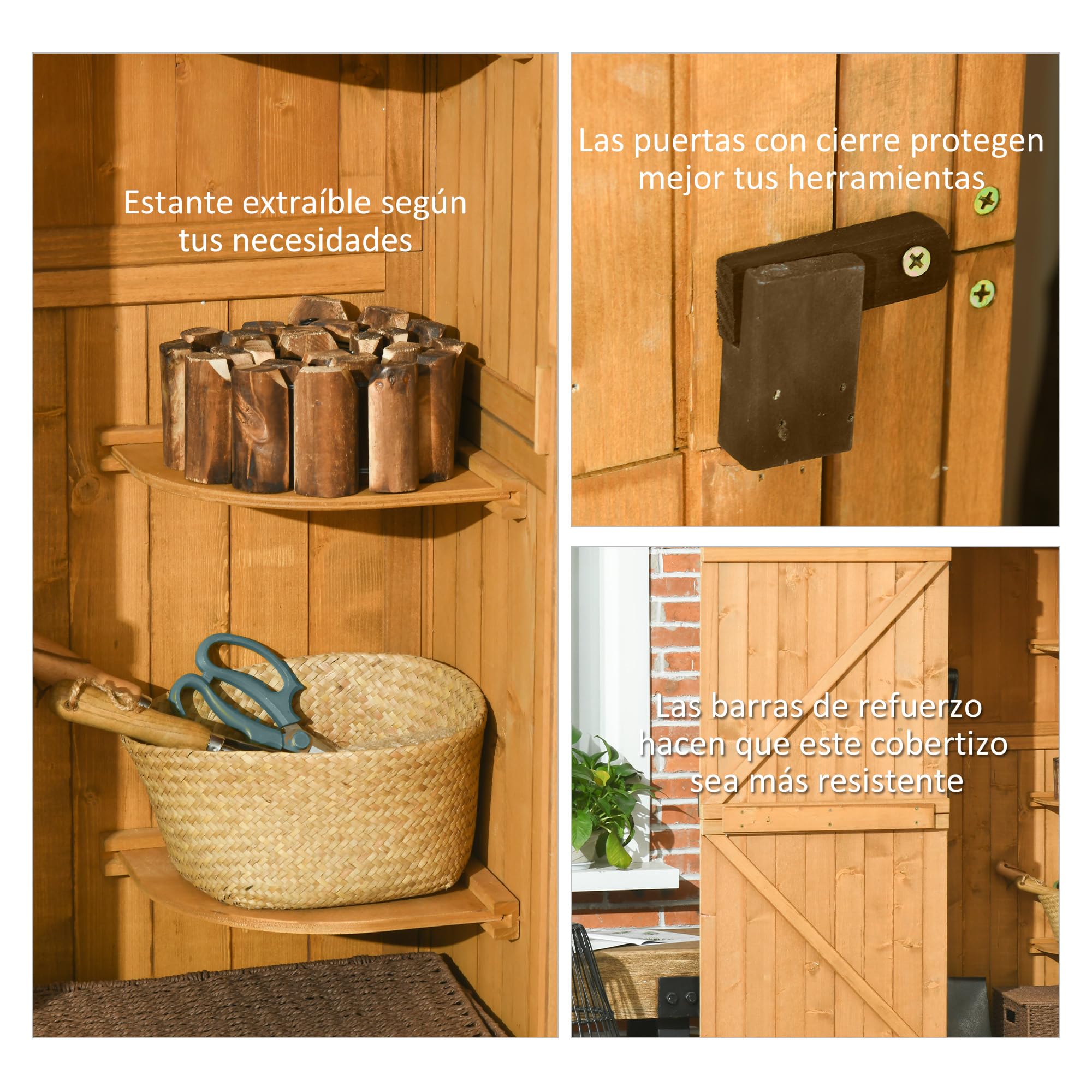 Outsunny Armario de Jardín de Madera 77x54,2x179 cm 0,3 m² Cobertizo para Almacenaje de Herramientas con 3 Estantes y 2 Puertas con Cerrojo para Patio Terraza Natural y Verde — view 5