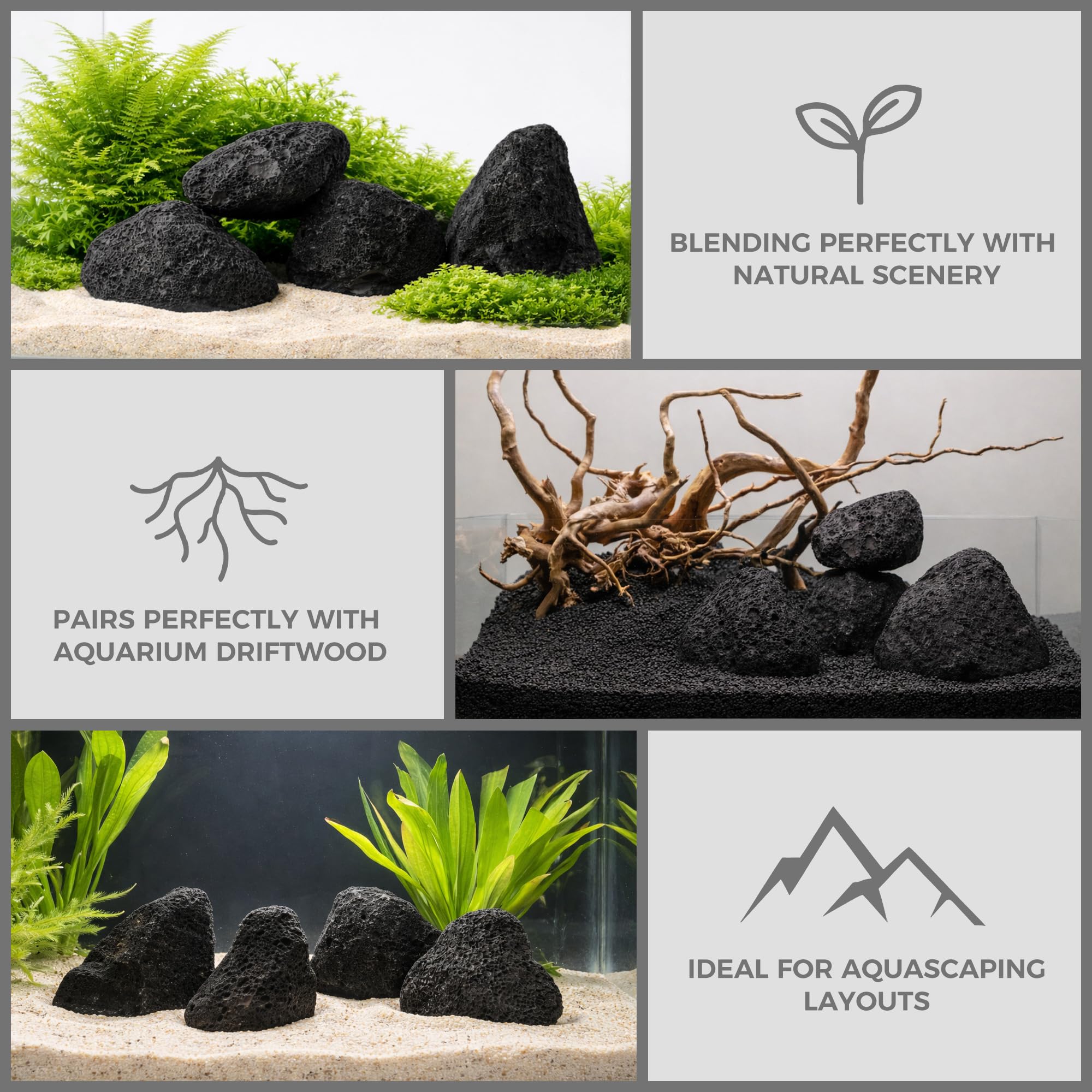 Roca Volcánica Negra Natural 5,5-15,5 cm, Juego de 4 Piedras Porosas Pequeñas para Aquascaping, Terrarios y Decoración de Acuarios