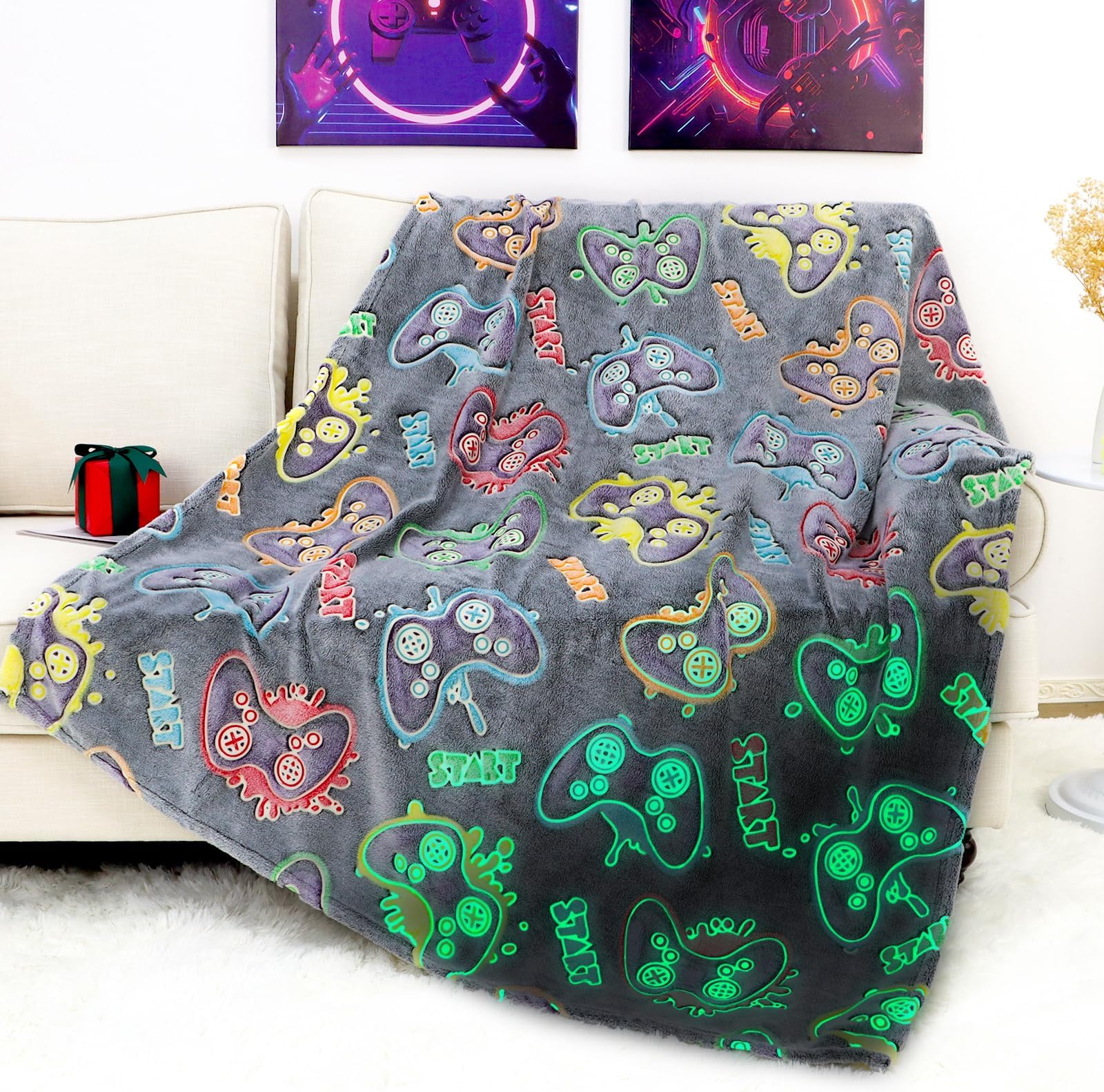 Gamer Gifts for Teen Boys, Glow in The Dark Gaming Blanket for Kids, Graduation Gifts for 8 9 10 11 12 Year Old Boys, Game Room Decor for Men Son Boyfriend Birthday Christmas 50"x60"
