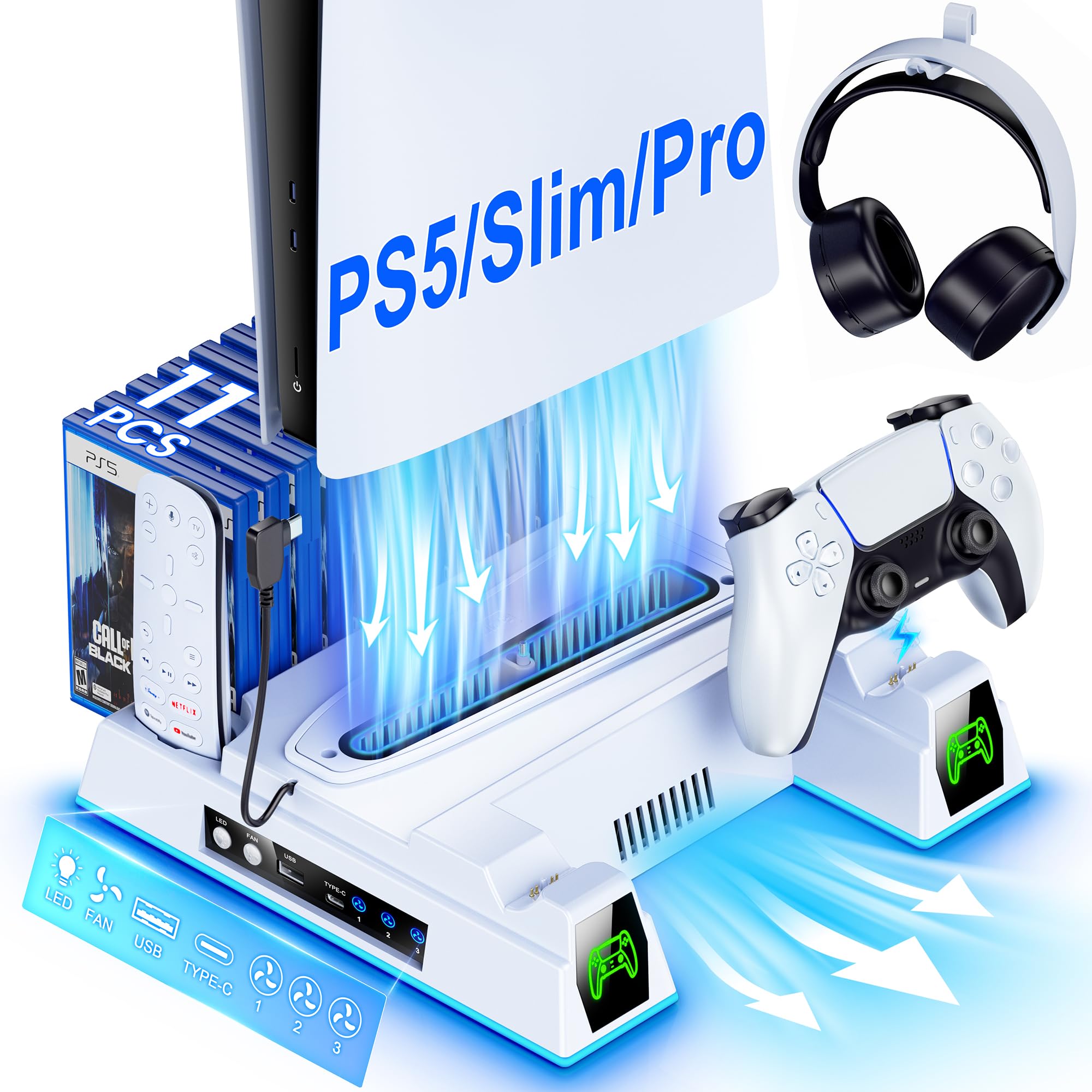 Svetaecho PS5 Slim Pro Stand and Turbo Cooling Station with Controller Charging Station for PlayStation 5 Digital Disc