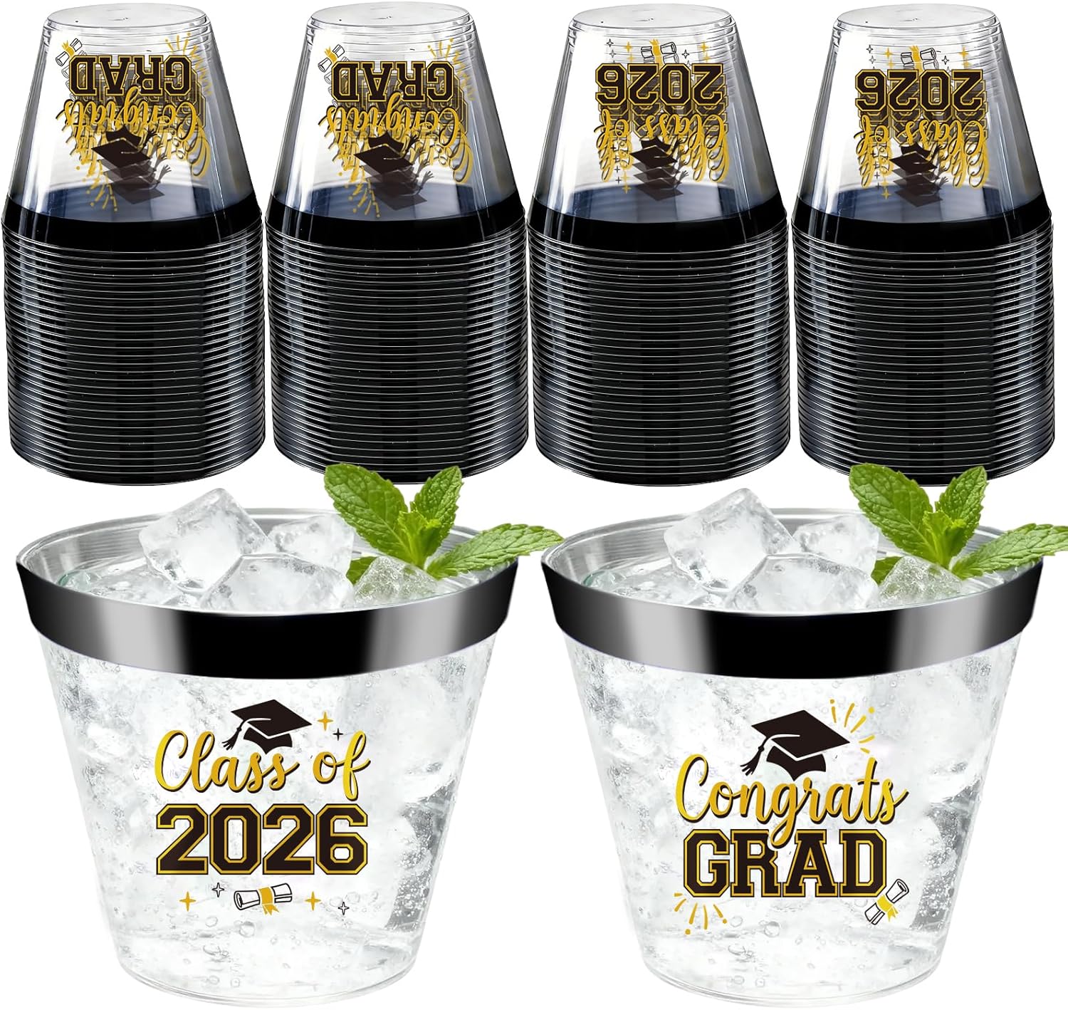 Graduation Cups 2026 Plastic Cups Disposable 9 Oz, 100 PCS Class of 2026 Decoration Cups Black and Gold Congrats Grad Party Cups, Elegant Drinkware for Grad Festivities Graduation Party Favors