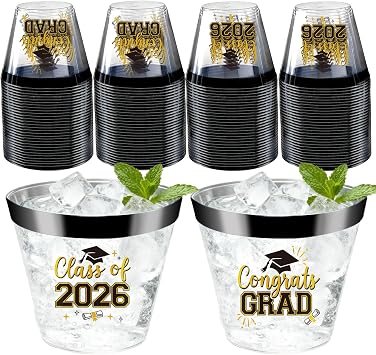 Graduation Cups 2026 Plastic Cups Disposable 9 Oz, 50 PCS Class of 2026 Decoration Cups Black and Gold Congrats Grad Party Cups, Elegant Drinkware for Grad Festivities Graduation Party Favors