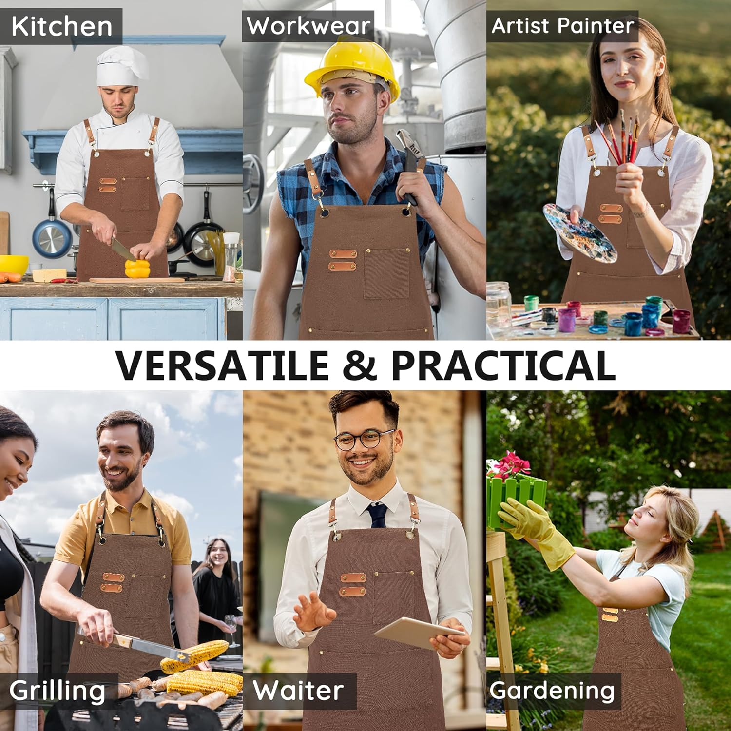 Canvas Aprons, Kitchen Chef Aprons, Work Aprons for Men Women, Adjustable Strap Aprons with 3 Pockets - Image 6