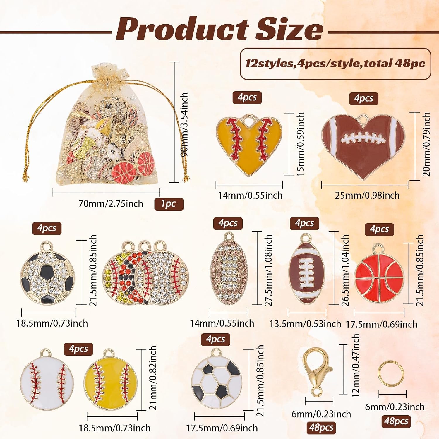 48Pcs 12 Colors Sports Charms for Jewelry Making Enamel Rhinestone Ball Game Charms Pendants, for DIY Bracelet Necklace Earrings Crafts Adults Handmade Gift Supplies