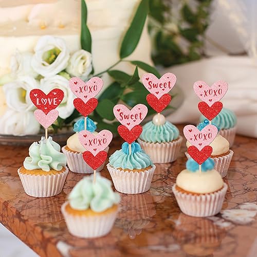 Miniatura 6 de 24 piezas de decoración para cupcakes para el día de San Valentín con purpurina roja y rosa dulce amor, decoración de pastel de corazón de doble