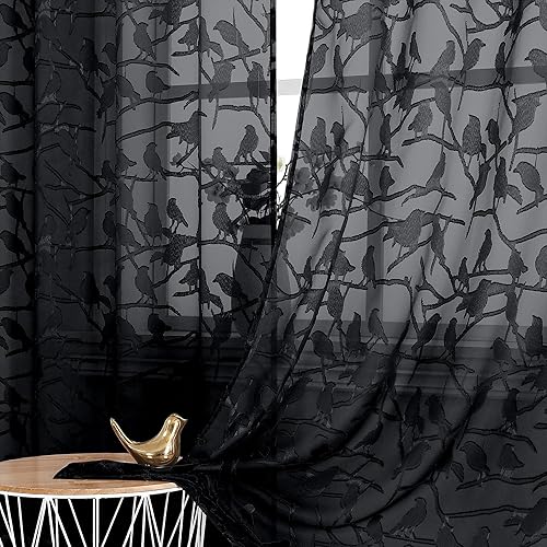 Vista 82 de OVZME - Anji Cortinas semitraslúcidas de gasa, ligeras, vaporosas, privacidad, textura, bolsillo barra doble, pájaros recortados, dormitorio, sala