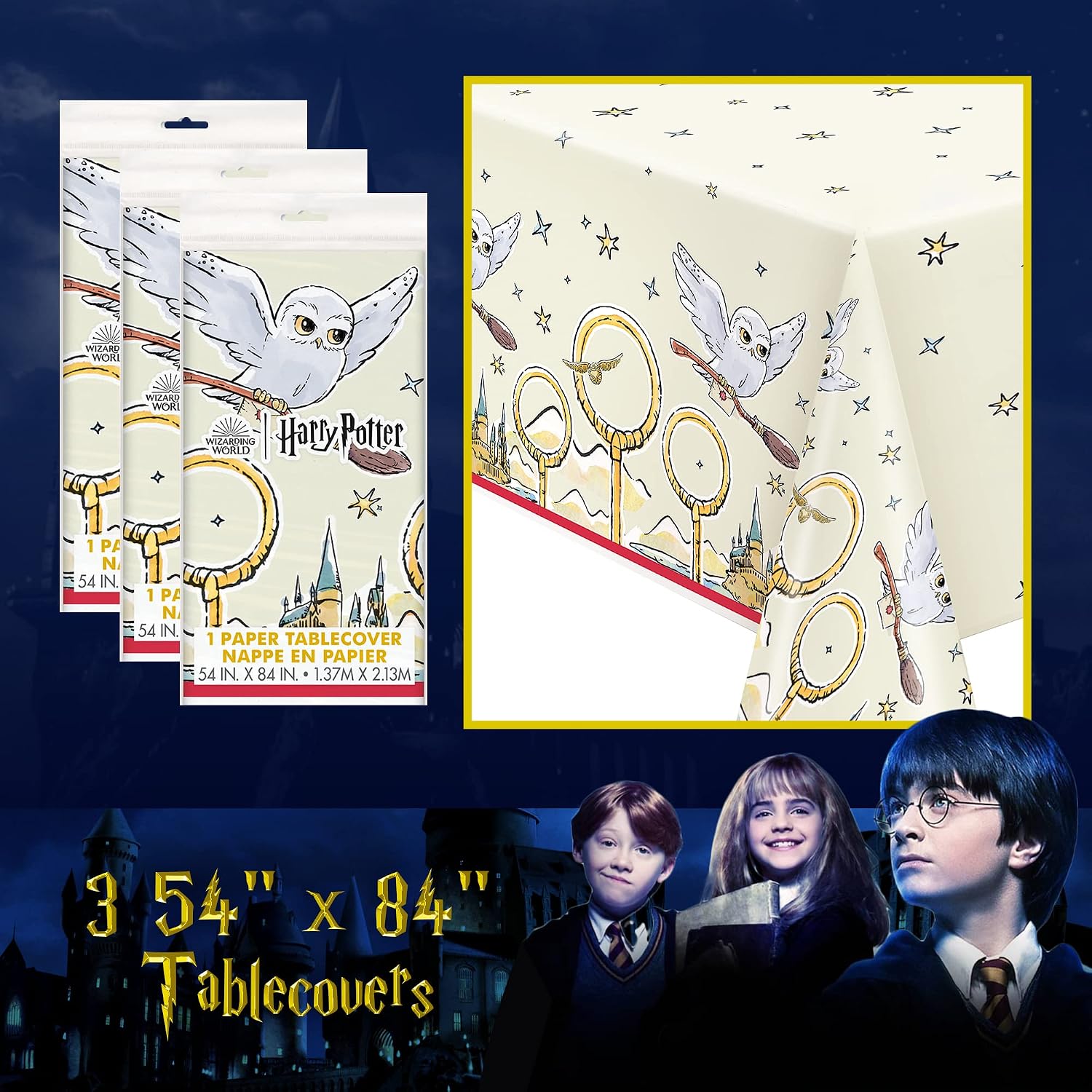 Unique Harry Potter 3 Count Tablecovers - Party Supplies with Hogwarts Castle Owl Stars Backdrop - Kid Theme Wizard Birthday Supply Decor, Set of Table Bulk Decoration Kit