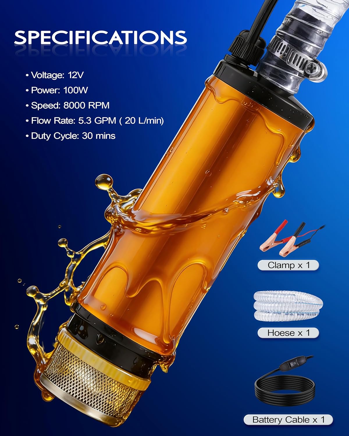 12V 80W Submersible Water Transfer Pump w/Hose, 5.3 GPM High Flow Diesel Water Pump, Electric Fuel Oil Transfer Pump, Small Portable Utility Pumps for Water, Diesel & Kerosene