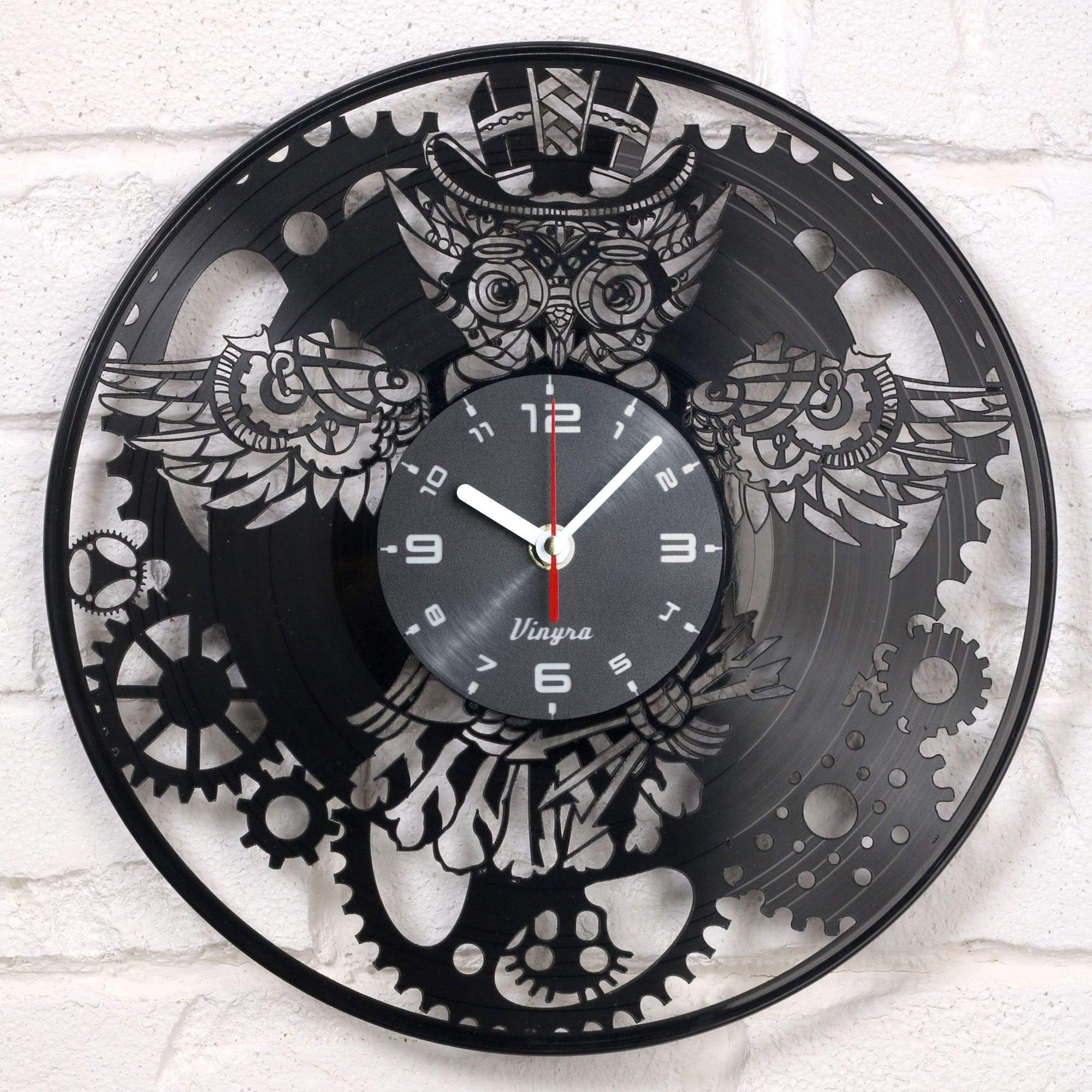 Vinyra Steampunk Owl Vinyl Record Clock - Industrial Wall Clock Gears Decor Retro Wall Gothic Grandfather Vinyl Gift Victorian Wall Decal Steampunk Novelty Owl Vinyl Clock Black