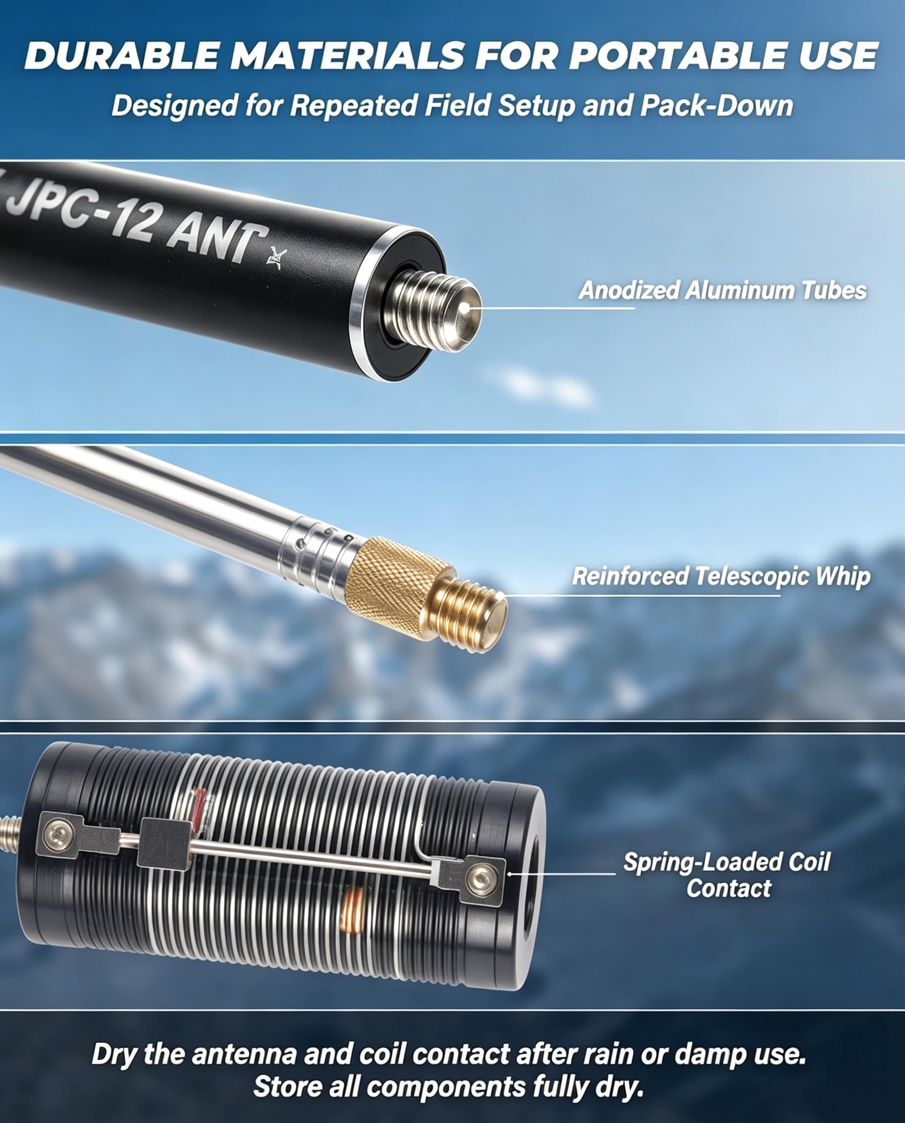 JPC-12 Antenas HF para Radio jamón con regulador Deslizante 7MHz-50MHz, Antena Vertical Hf de 40 m-6 m, 8 Bandas para Exteriores de 4,1 Metros (M10)