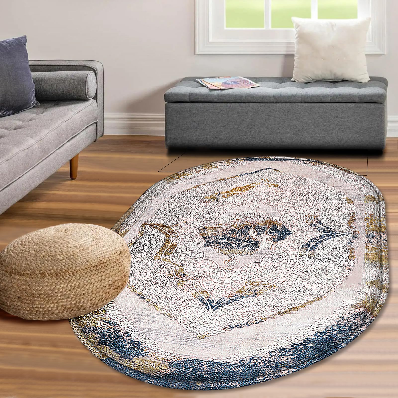 Boho Tribal Area Rug 4'x6', Washable Persian Distressed Soft Faux Wool Bohemian Throw Rug Bedroom Rug Nursery Carpet Floor Mat Oval Rug Accent Rugs for Living Room Kitchen Entryway Boho Home Decor