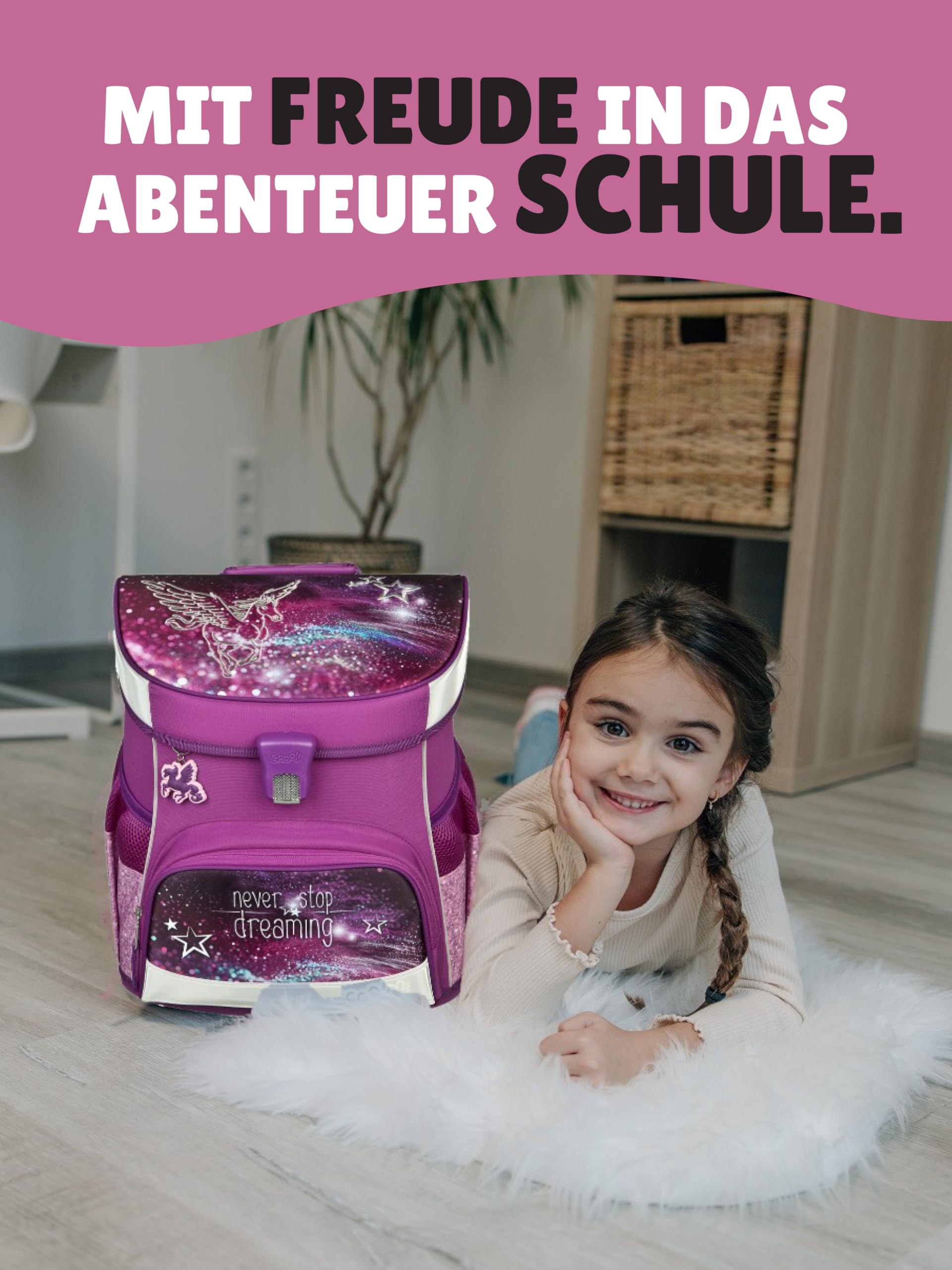 Familando - Scooli Campus Fit Schulranzen Set - 9-teilig mit Sporttasche - Pegasus Violett - Ergonomisch, Stabil & 980g leicht - 18L Volumen - Brustgurt & Reflektoren - Für Grundschule ab 1. Klasse