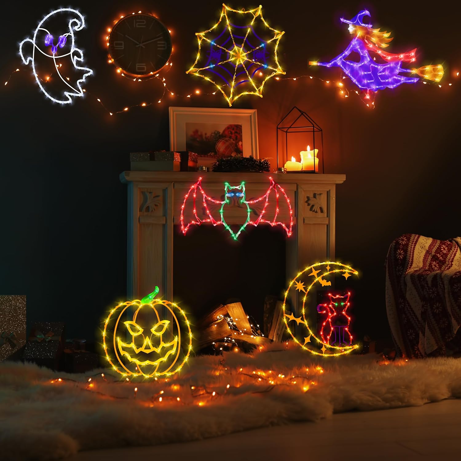 16" Halloween Window Silhouette Lights - 6 Pack Colour Lighted Bat & Witch & Pumpkin & Spider Web & Ghost & Cat on Moon for Holiday Indoor and Outdoor Wall Door Window Decorate