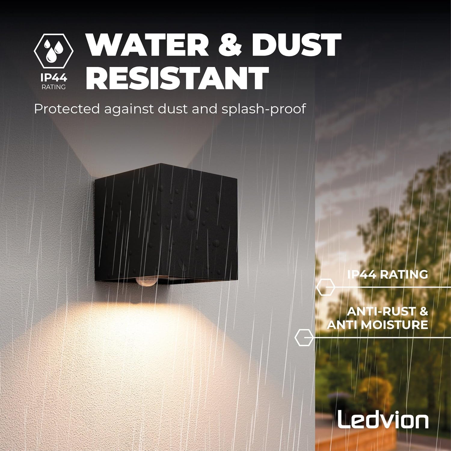 Image highlighting the IP44 rating of the Ledvion wall light, showing it resistant to water splashes and dust.
