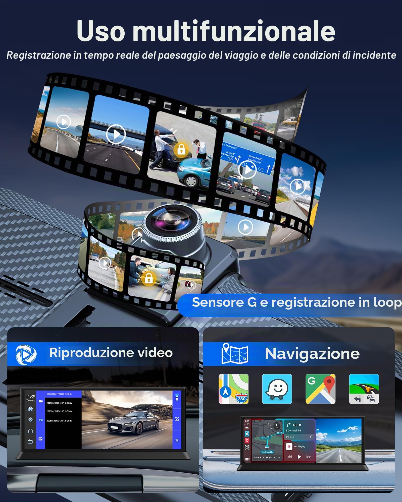 11,26" Toccare Schermo 4K Android Carplay Auto con 350°Fotocamera Anteriore | Schermo Carplay Android Auto, Car Play per Navigazione GPS G-senor Registrazione Loop