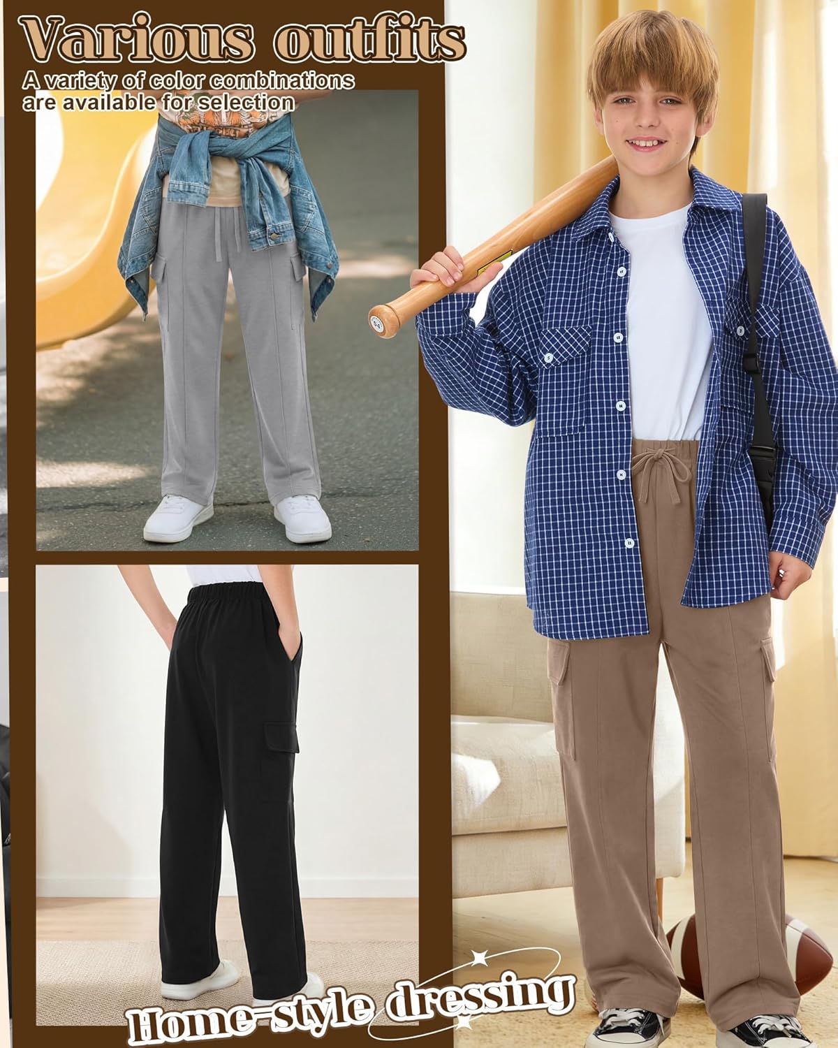 4 Pack Boy's Cargo Sweatpants Drawstring Elastic Waist Athletic Baggy Pants Casual Workout Joggers with 4 Pockets - Image 5