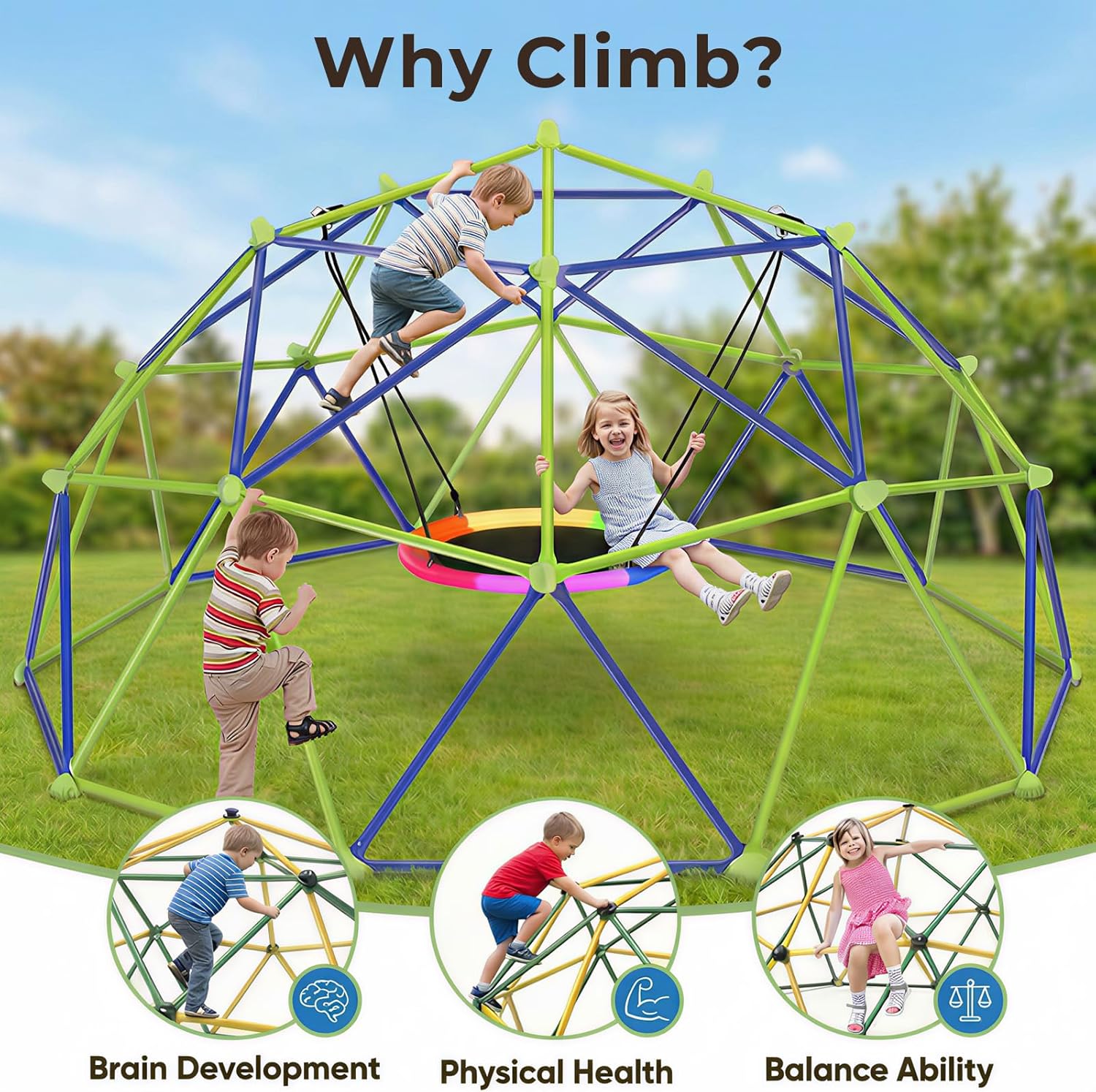 10ft Climbing Dome Swing Set Combo, Jungle Gym with Saucer Swing for Kids Outdoor Backyard, Heavy-Duty 1000 lbs Capacity Rust-Resistant Playset, Easy Assembly, Blue & Green