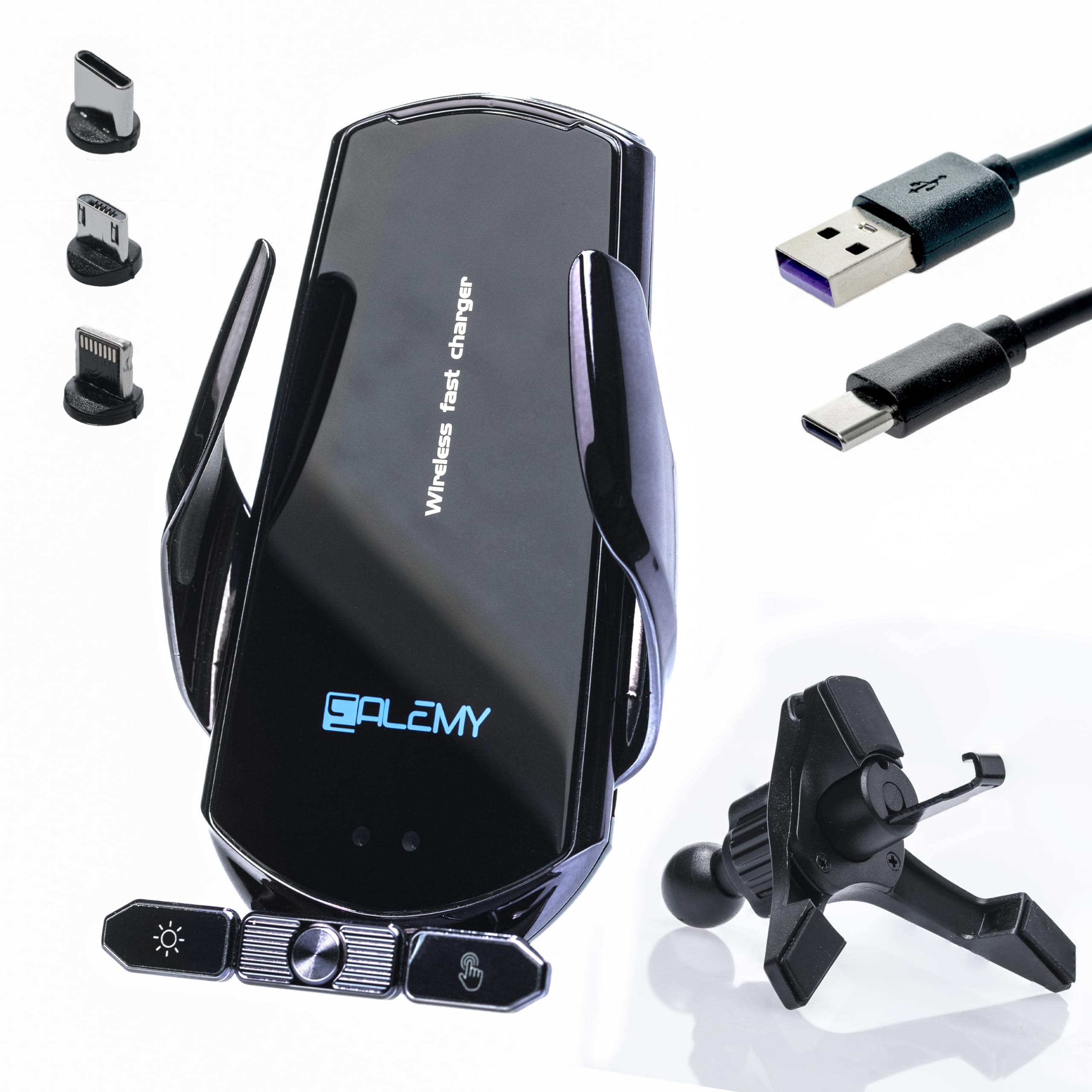 ALEMY DIGITAL Caricatore Wireless Auto, Porta Cellulare Auto, Supporto Telefono Per Auto Universale Con Ricarica e Auto Bloccaggio Con Rotazione Di 360°