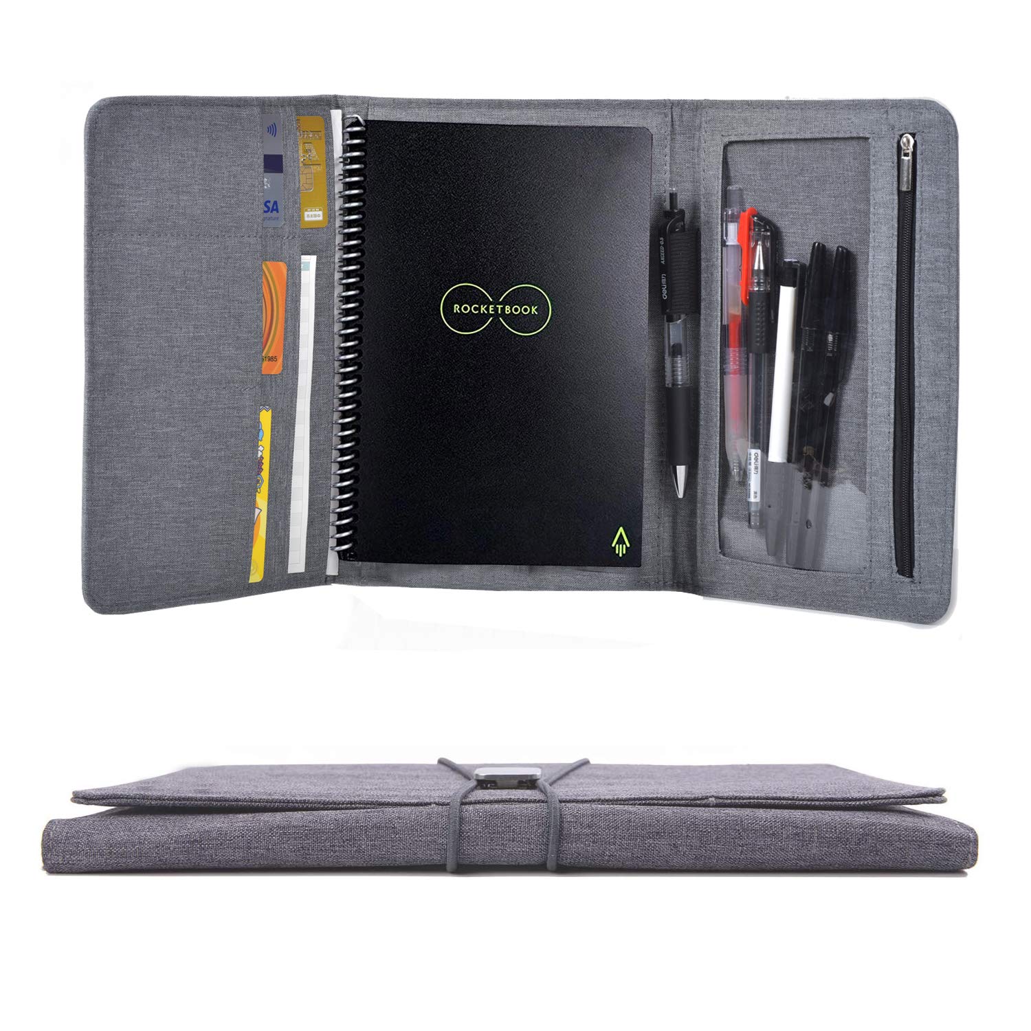 Custodia a portafoglio per Rocketbook Fusion, tessuto in tessuto, multi organizzatore, per uomini e donne, con passante per penna, compatibile con notebook formato A5 (grigio, Executive -A5) (grigio)