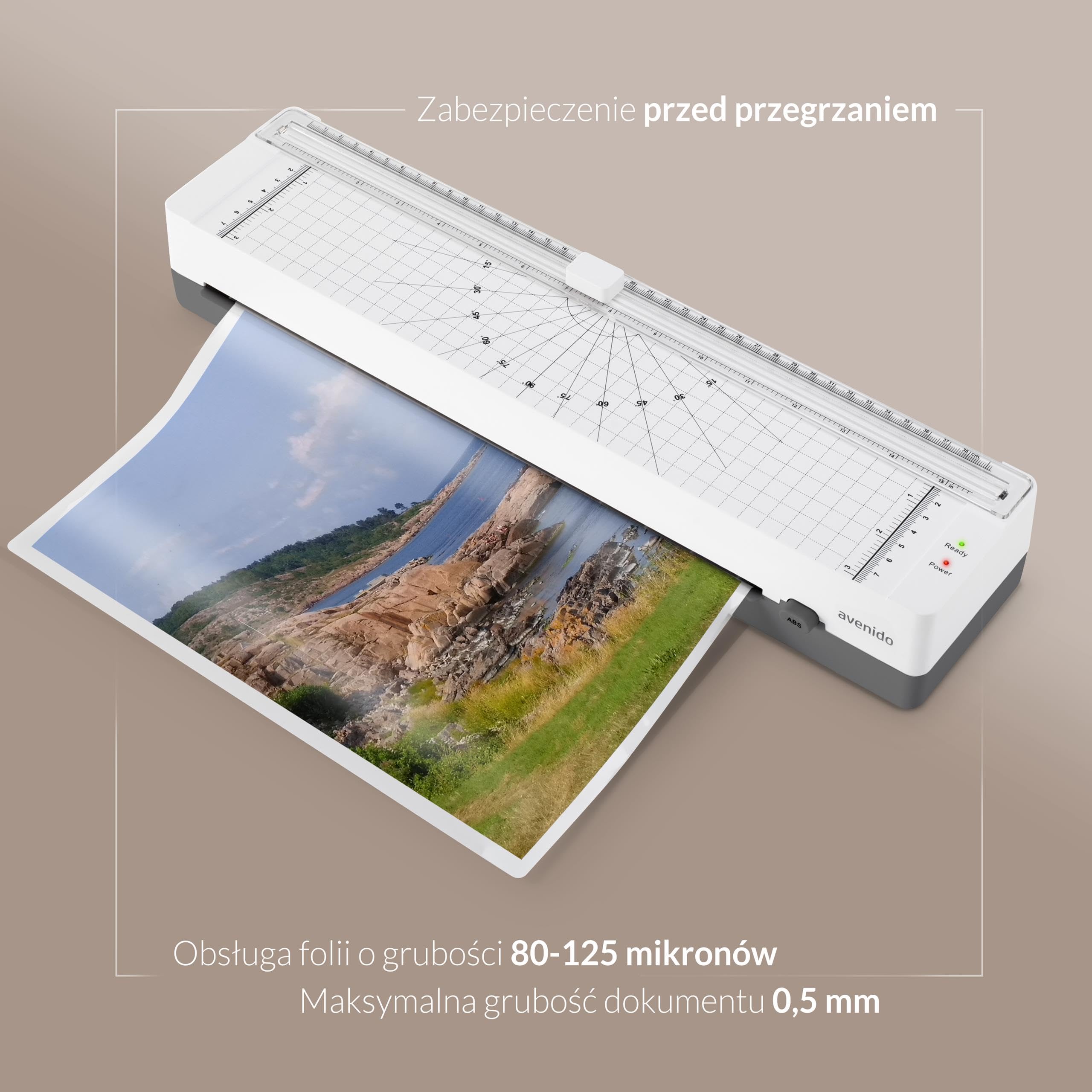 Laminator A3, A4, A5, A6, laminator na gorąco 80-125mic, laminarka, czas nagrzewania 3-5 min., prędkość laminowania 300mm/min., wbudowany trymer, dwie rolki grzejne, 5 folii w zestawie (biały)