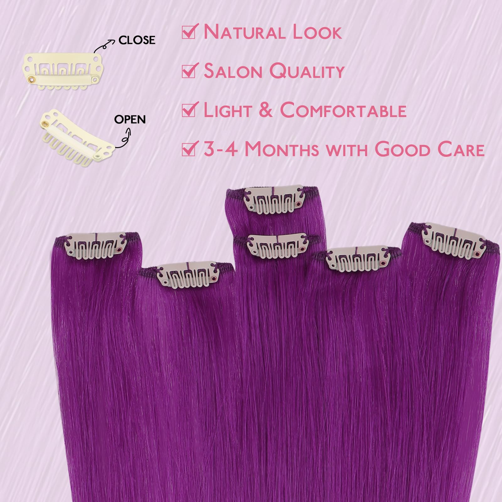 WENNALIFE Clip in Hair Extensions Real Human Hair, 24 Inch 120g 7pcs Dark Brown Human Hair Remy Clip in Hair Extensions Real Human Hair Double Weft: 20 Inch-35g-6pcs #Purple