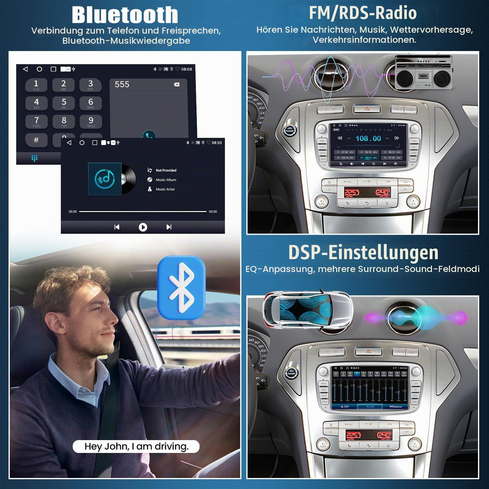 2G+64G Android 13 Autoradio mit Bluetooth für Ford Focus II mk2 Mondeo S-Max C-Max Galaxy Kuga mit Carplay Android Auto 7“ Touchscreen-Radio mit GPS WiFi FM/RDS EQ Mirror Link+Rückfahrkamera&Mic