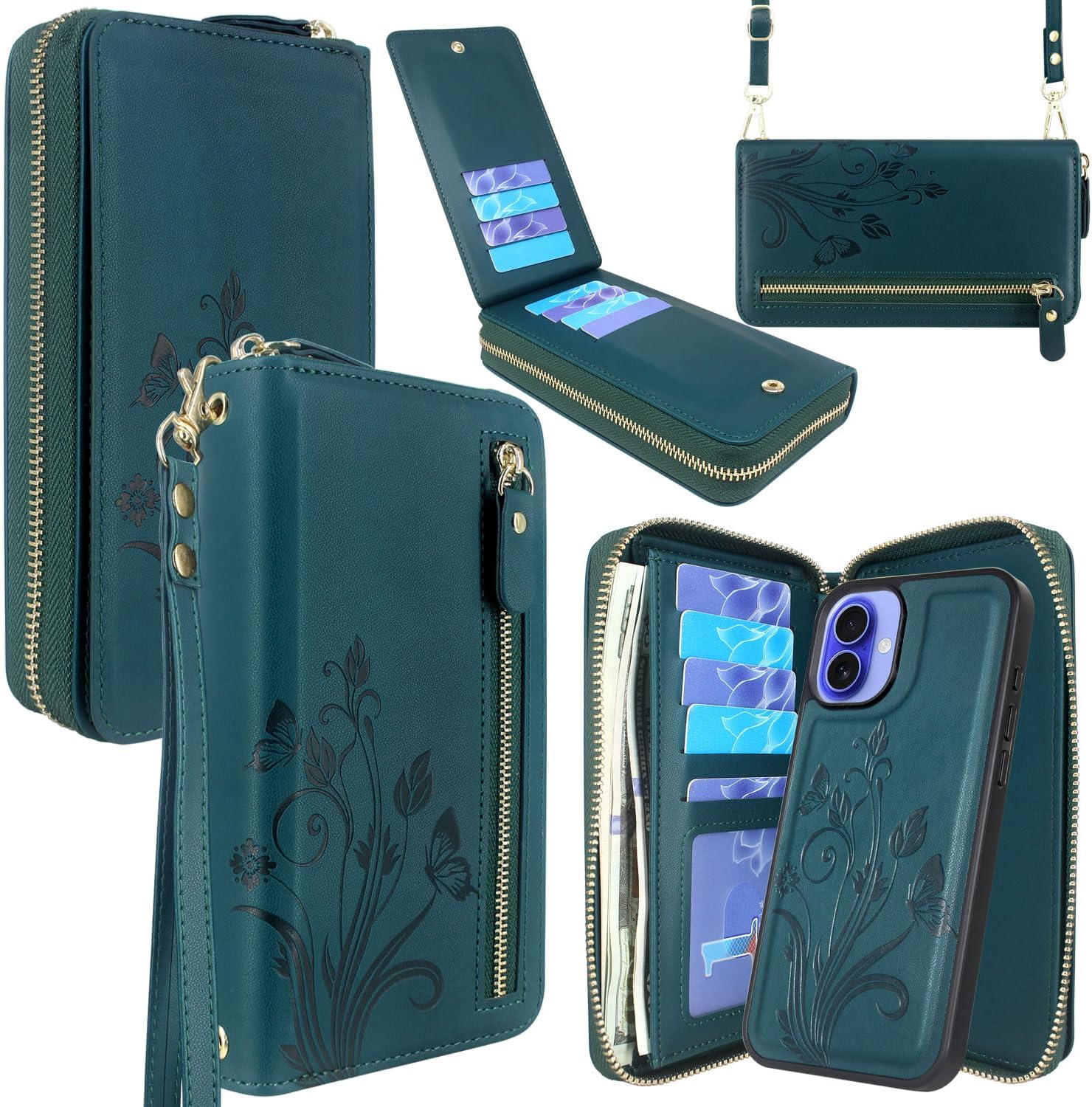 Lacass for iPhone 16 Plus 6.7 inch 2024 Wallet Case, Crossbody Dual Zipper Detachable Magnetic Leather Wallet Case Cover Wristlets Wrist Strap 13 Card Slots Money Pocket (Floral Gray)