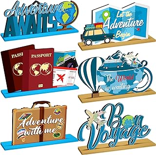 6 Pcs Travel Themed Wooden Centerpieces Table Toppers Adventure Awaits P...