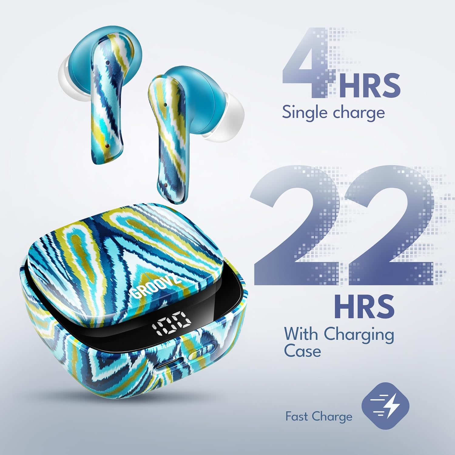 Groovz True Wireless Earbuds with Charging Case - Designed and Engineered in The USA - IPx4 Water Resistant Bluetooth Earbuds Compatible with Apple and Android - 27Hrs Battery Life - Peacock