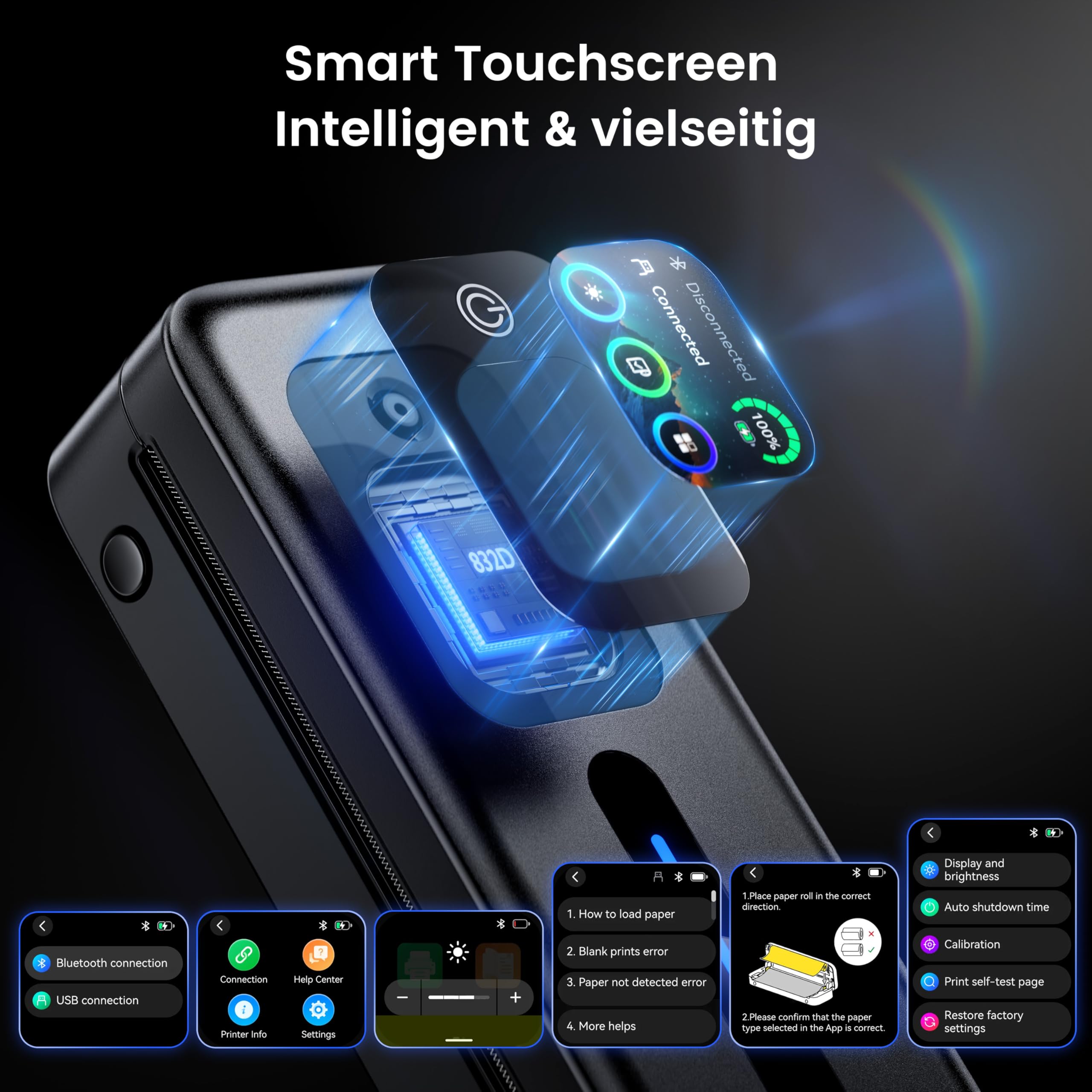 Phomemo M832D Thermodrucker A4, Touchscreen Mobiler Drucker für Zuhause, 300 DPI Thermodrucker Kompatibel mit Android & iOS, Handy & Laptop,Tragbarer Drucker mit Tragetasche und 3 Rollen Thermopapier