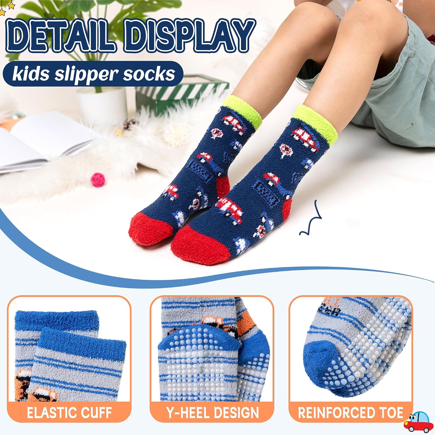 Eyean Kids Fuzzy Socks Non Slip Soft Fluffy Slipper Grips Socks Warm Plush Cozy Cabin Boy Girls Crew Socks 6 Pairs