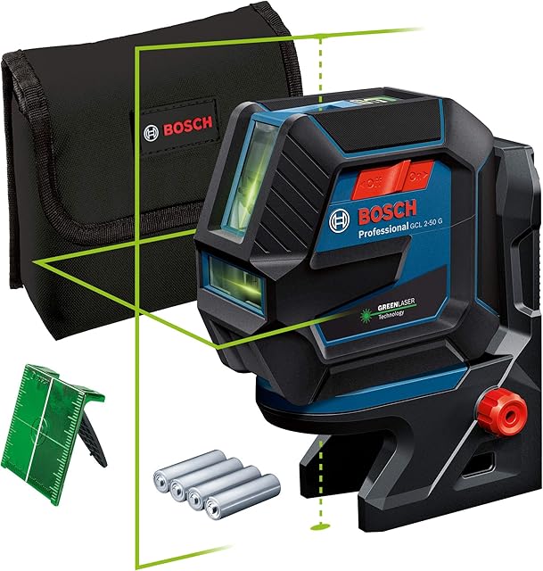 Bosch Professional Laser wielofunkcyjny GCL 2-50 G (zielona wiązka, do pracy w pomieszczeniach, uchwyt RM 10, widzialny zasięg: do 15 m, 4 baterie AA, opakowanie kartonowe)