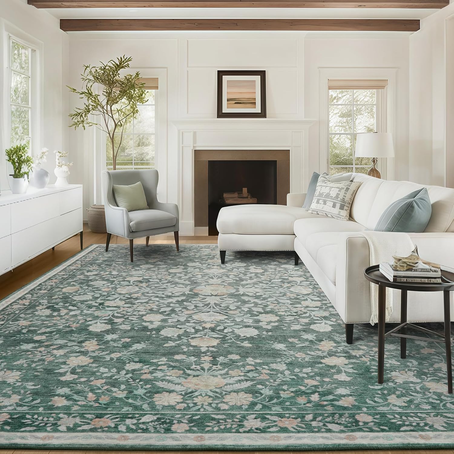 AMADA HOMEFURNISHING 8x10 Area Rugs, Washable Low-Profile Large Living Room Rug with Non-Slip Backing & Durable Edge Binding, Soft Vintage Rug for Bedroom, Dinning Room, Home Office Green 8'x10'