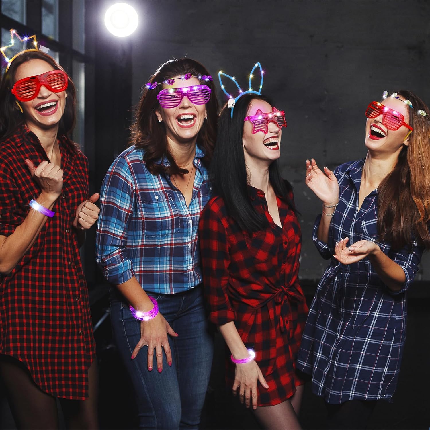 ADXCO 60 Pieces Glow in the Dark Party Supplies Neon Party Favor LED Light Up Party Favors with Flashing Glasses Flower Headband Crown Bracelets Rabbit Cat Ear Headband for Neon Party - Image 6