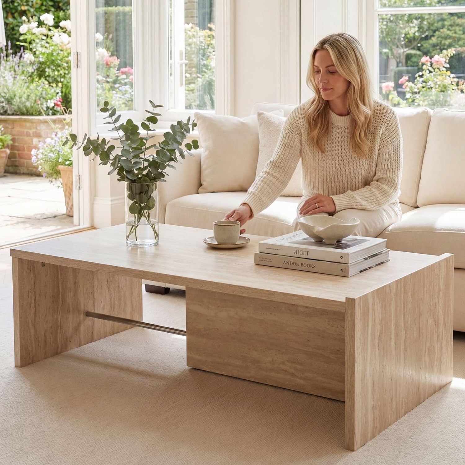 Modern Faux Travertine Look Coffee Table, Rectangular Minimalist Coffee Table with Sturdy Frame, Contemporary Accent Table for Living Room, Office, Apartment, Natural Beige