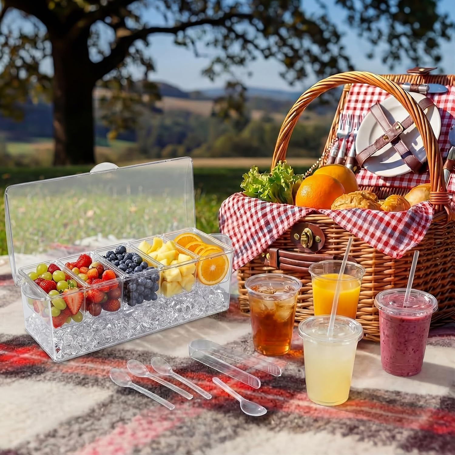Thenshop 100 Sets Dirty Soda Bar Supplies Party Drinkware Cup Kits 12 oz Clear Plastic Cups with Lids and Straws and Condiment Tray Sets with 2 Clips 5 Sporks and Spatula for Wedding Picnic Disposable