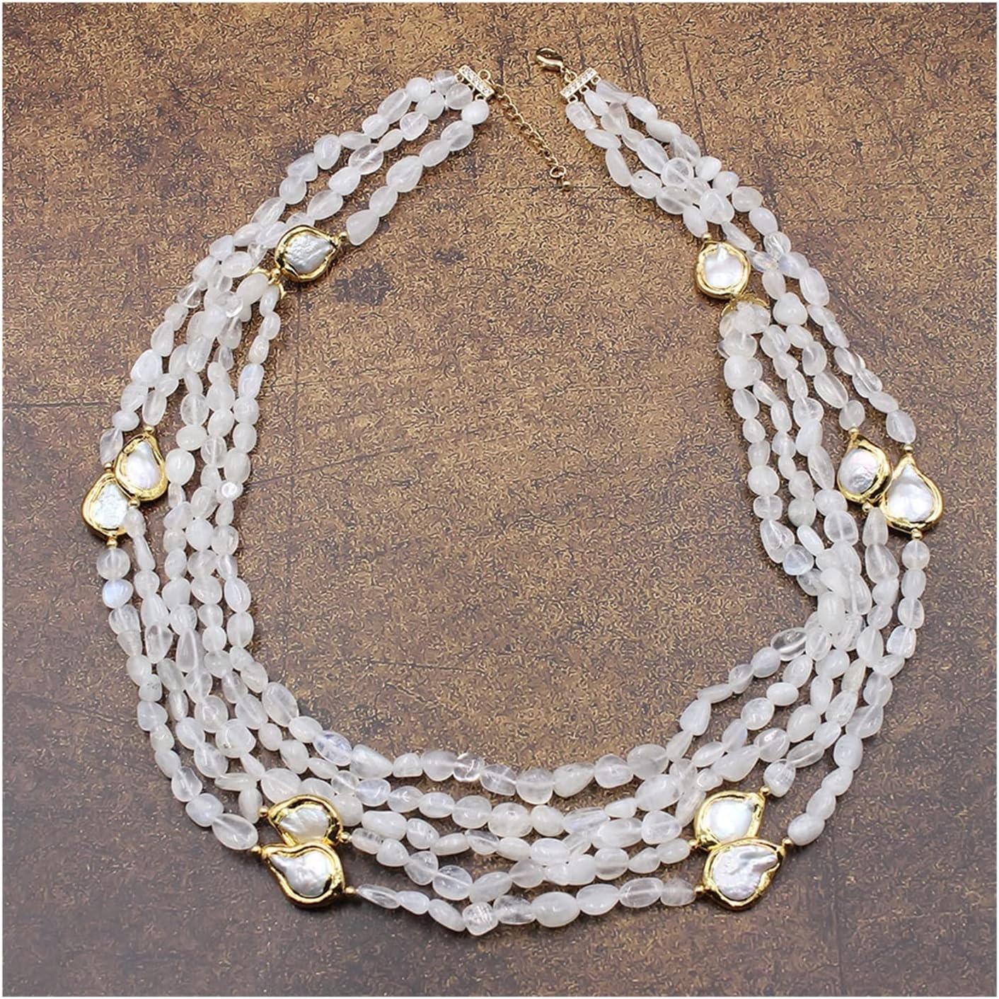 LAnGSHAW Natural 5 Strands Freedom Moonstone Cultured Teardrop White Coin Pearl Necklace Handmade for Women