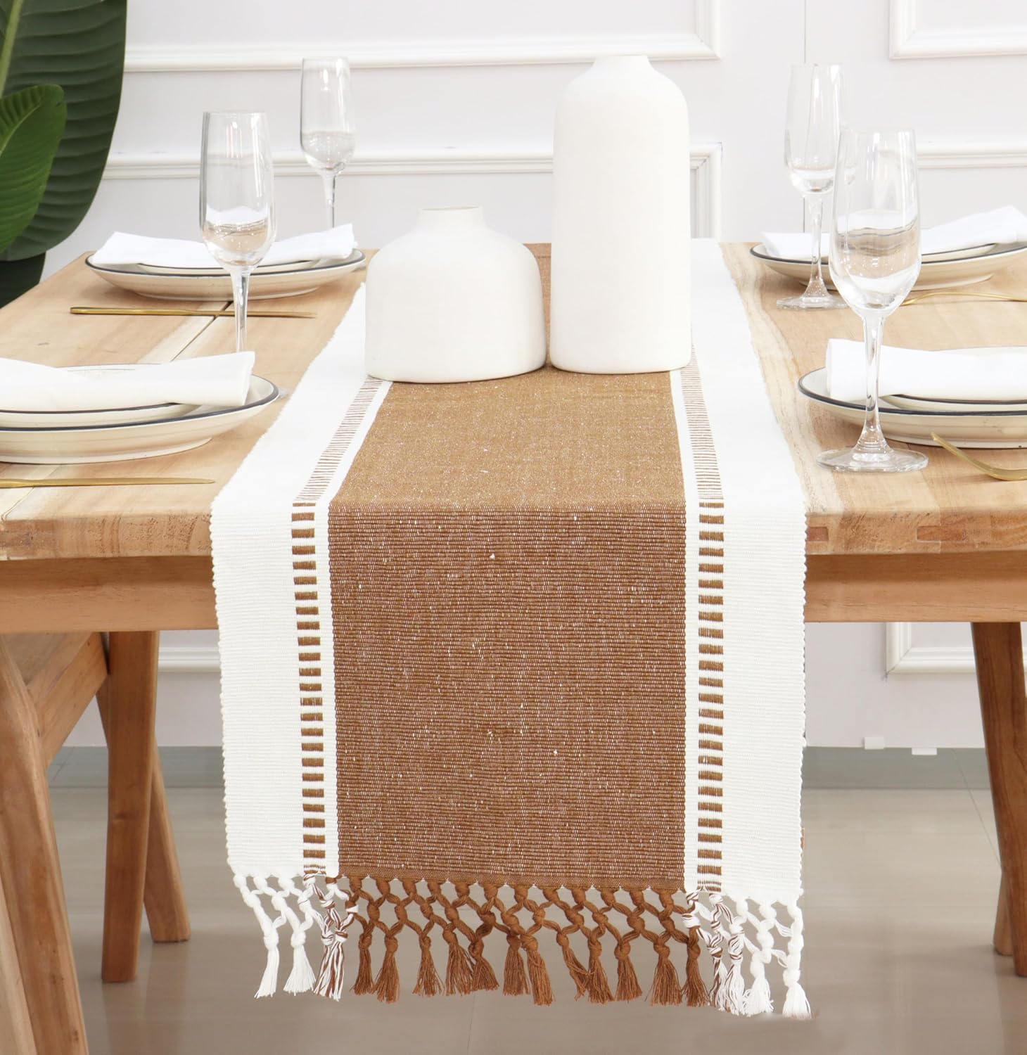 PurpleEssences Dobby Stripe Woven Table Runner with Tassels
