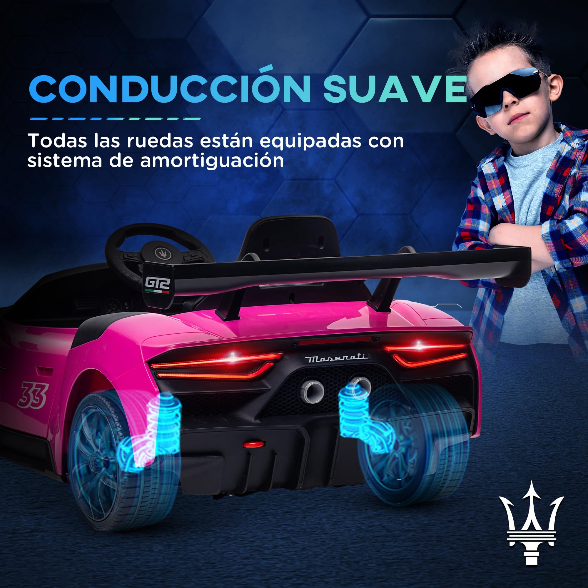 AIYAPLAY Maserati GT2 Coche Eléctrico para Niños 12V con Mando a Distancia Faros LED Rosa 115x60x45 cm