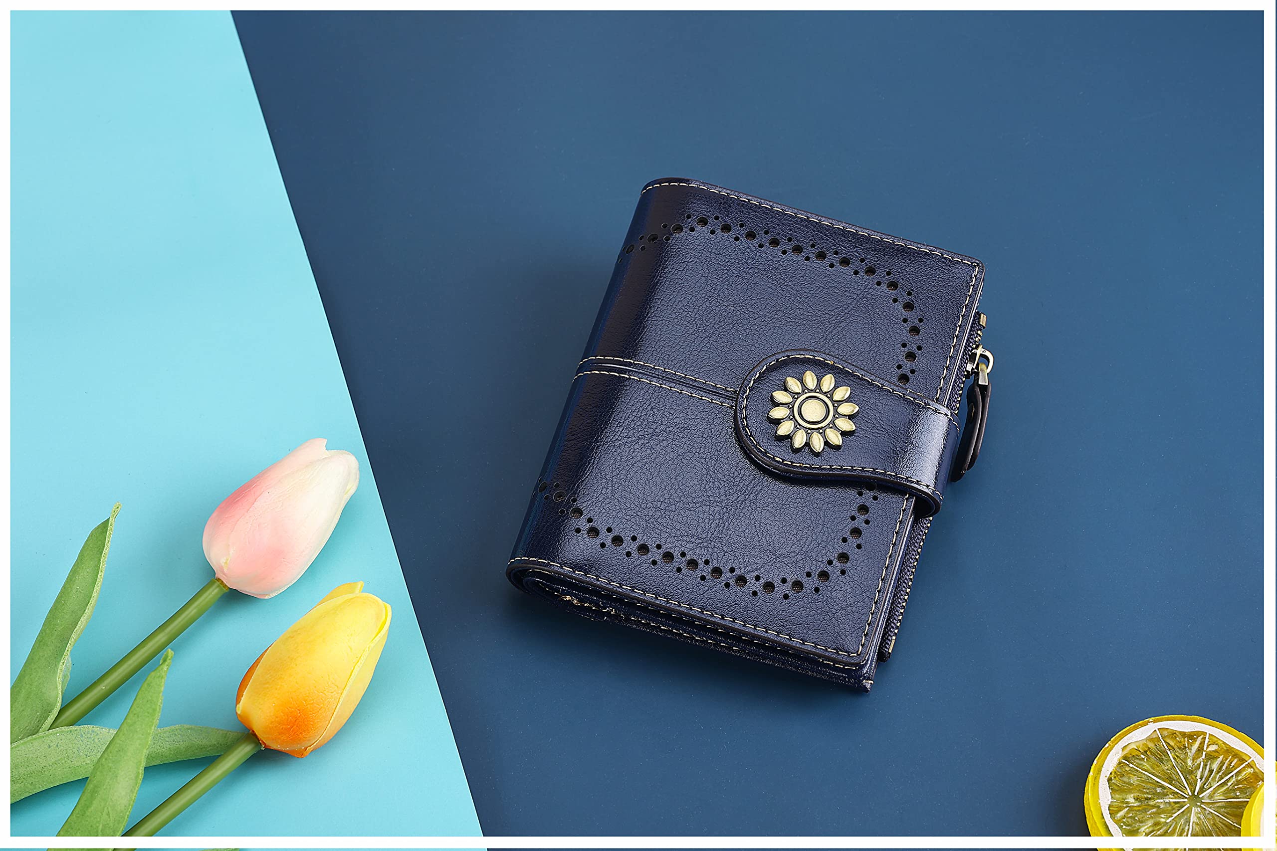 Lavemi Cartera de piel para mujer, pequeña, compacta, con bloqueo RFID, bolsillo con cremallera, Azul, Talla única