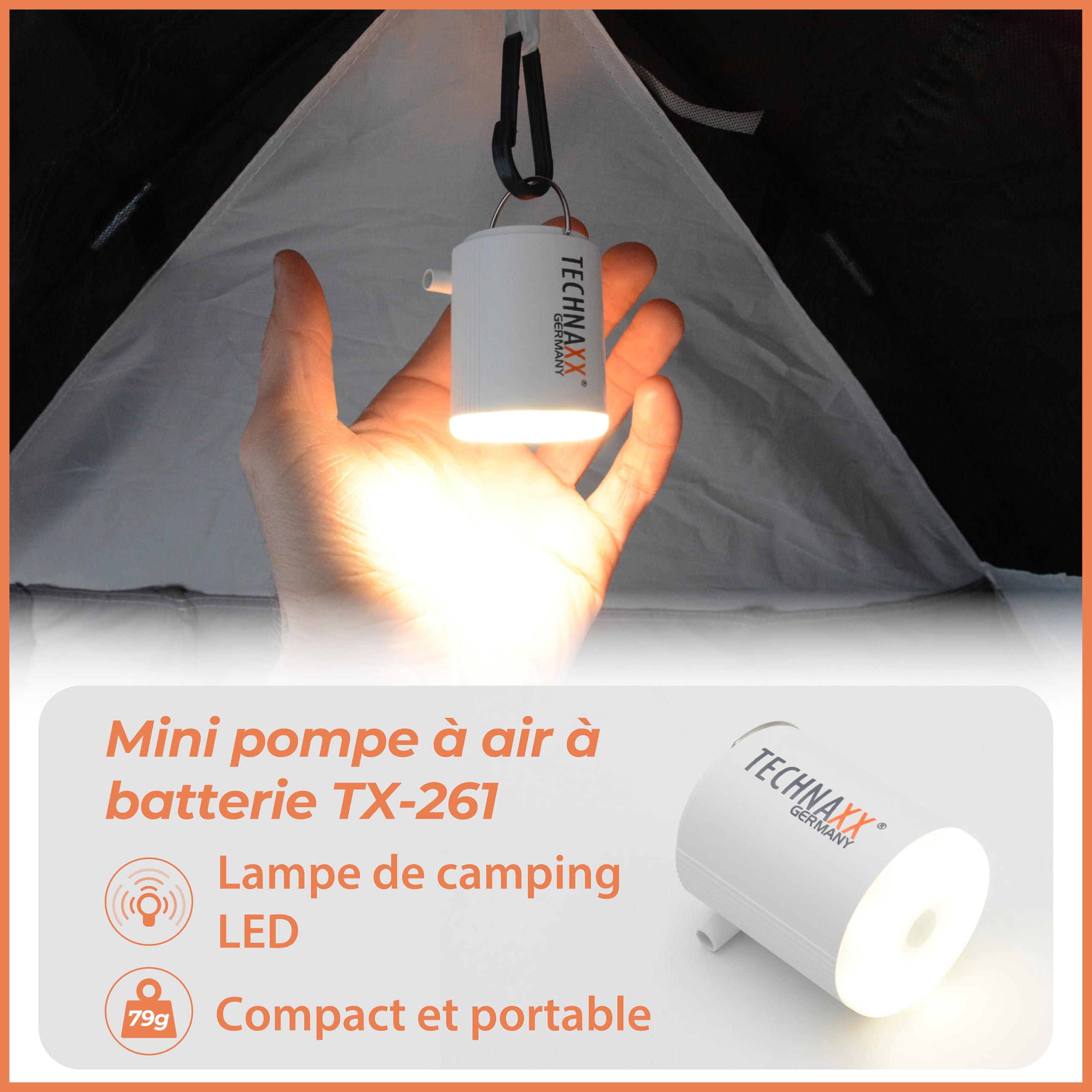 Technaxx Mini Pompe à Air Rechargeable TX-261 – Batterie 1360 MAh, 180 L/min, 5 Buses, Lampe LED 400 Lumens
