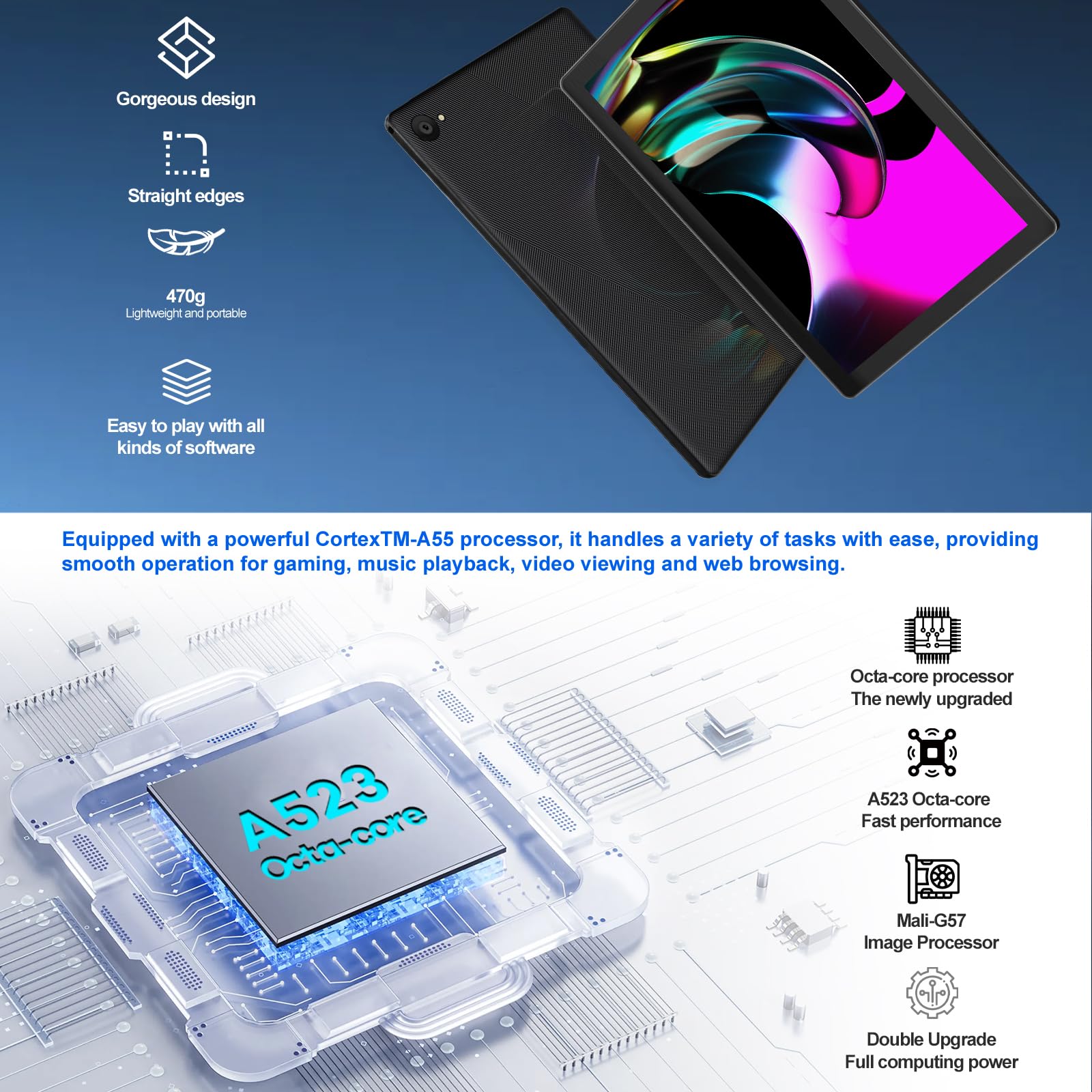 Whitedeer Tablet 10 Pulgadas Android 8GB RAM 64GB ROM Pantalla IPS HD 1280x800 Cámara Dual 8MP+5MP Batería 5000mAh WiFi 6 BT5.4 GMS Widevine L1 Face ID