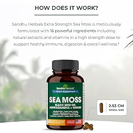 SANDHUHERBALS Sea Moss Capsules with Black Seed Oil Ashwagandha Ginger Burdock Root | Advanced Seamoss 60 Count | All Men Women Age