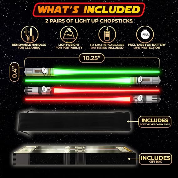 Lightsaber Chopsticks Light Up - LED Glowing Light Saber Chop Sticks - Reusable Sushi Lightup Sabers Chopstick Set Of 2 Pairs - Green & Red