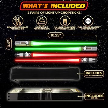 Lightsaber Chopsticks Light Up - LED Glowing Light Saber Chop Sticks - Reusable Sushi Lightup Sabers Chopstick Set Of 2 Pairs - Green & Red