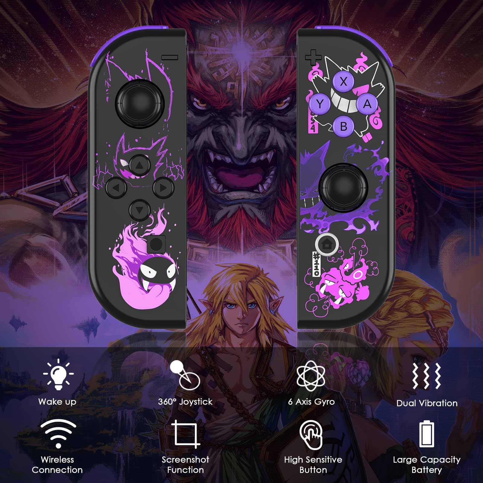 Replacement L/R Switch Controller Work with Switch/Lite/OLED Console,Wireless Controller Support Dual Vibration,6-Axis Gyro,Wake-up,Motion Controls,Screenshot-Purple — view 2